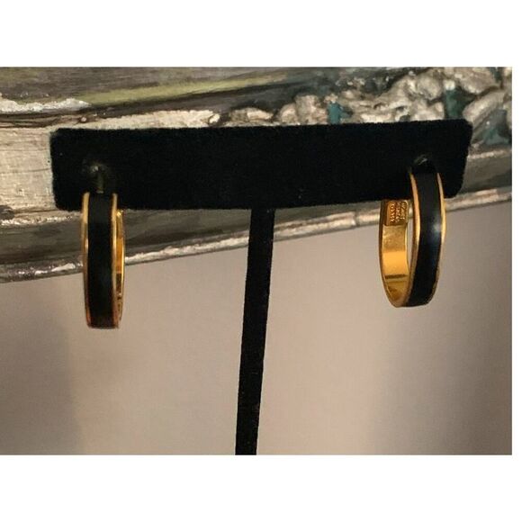 Vintage Monet Black Enamel on Gold Hoop Earrings De & Pat No  Vintage Monet Black enamel Oval Hoop pierced earrings, in Gold, Signed